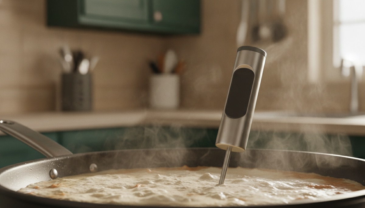 Digital probe thermometer inserted into a steaming pan of sauce on a kitchen range