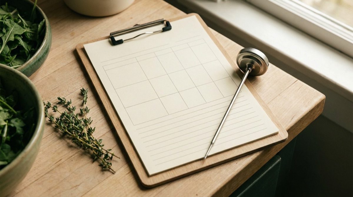Blank gridded temperature log on a clipboard beside a dial thermometer and fresh herbs on a wood counter