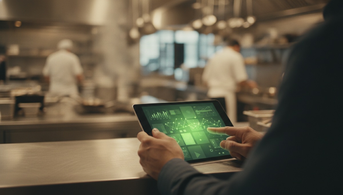 Manager holding a tablet showing a green monitoring dashboard in a busy commercial kitchen