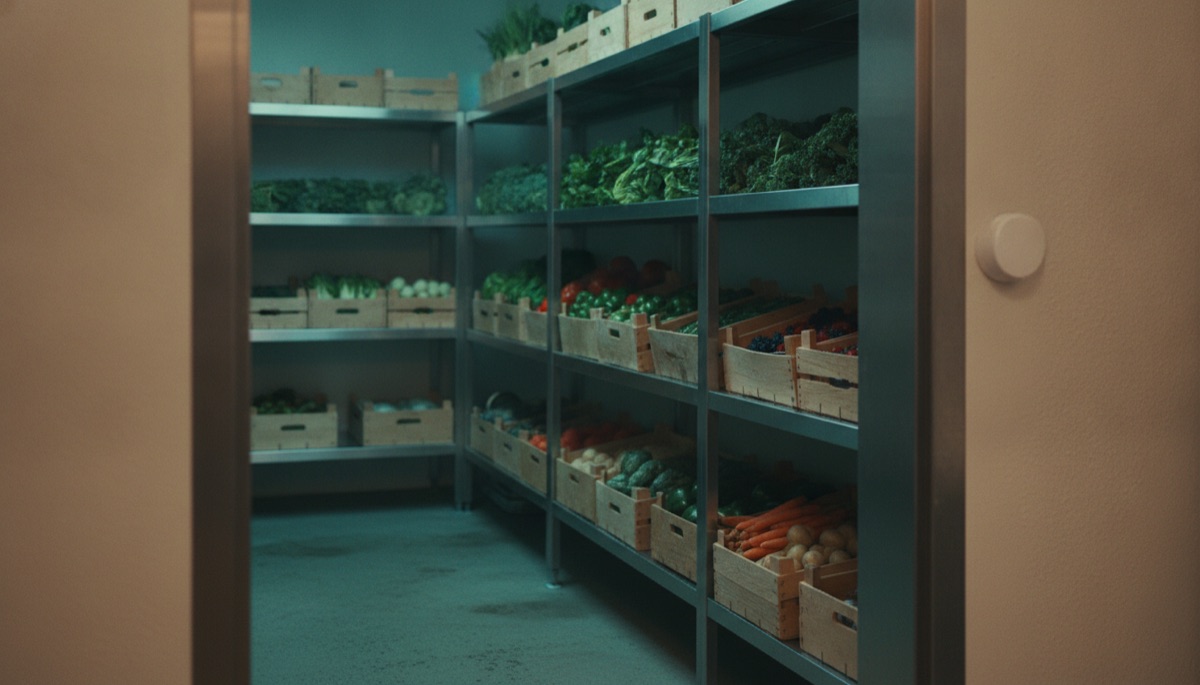 Open walk-in cooler door revealing shelves of crated vegetables, with a sensor mounted on the door frame